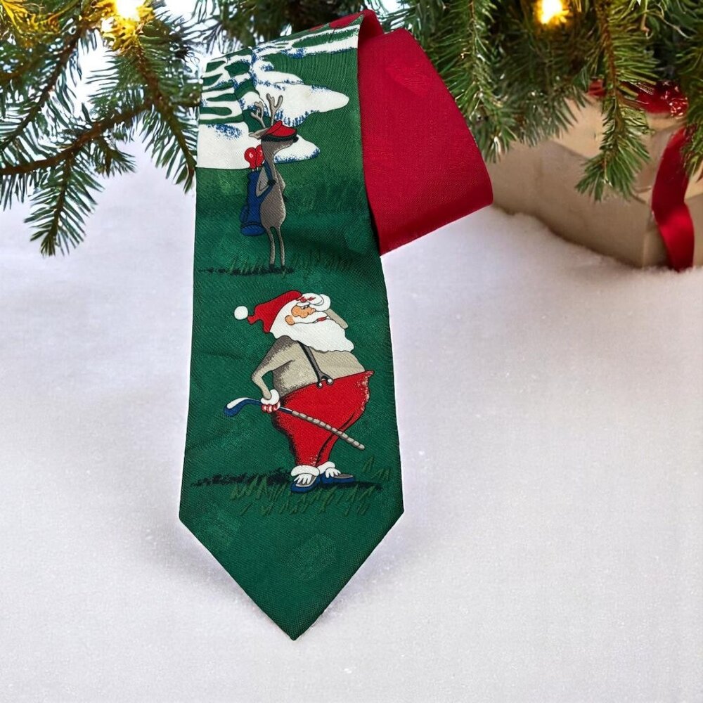 Golf Santa Claus Christmas Neck Tie Green Red Yule Tie Greetings Hallmark